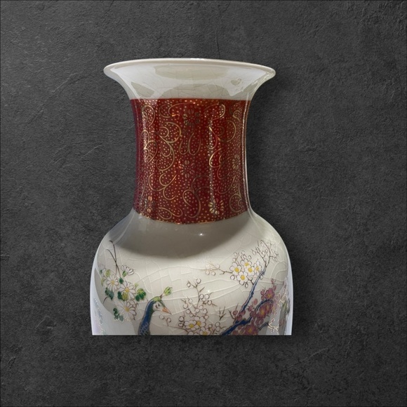 Vintage Japan Satsuma Floral Peacock 10 1/2” Vase Crackle Pattern - Picture 8 of 13